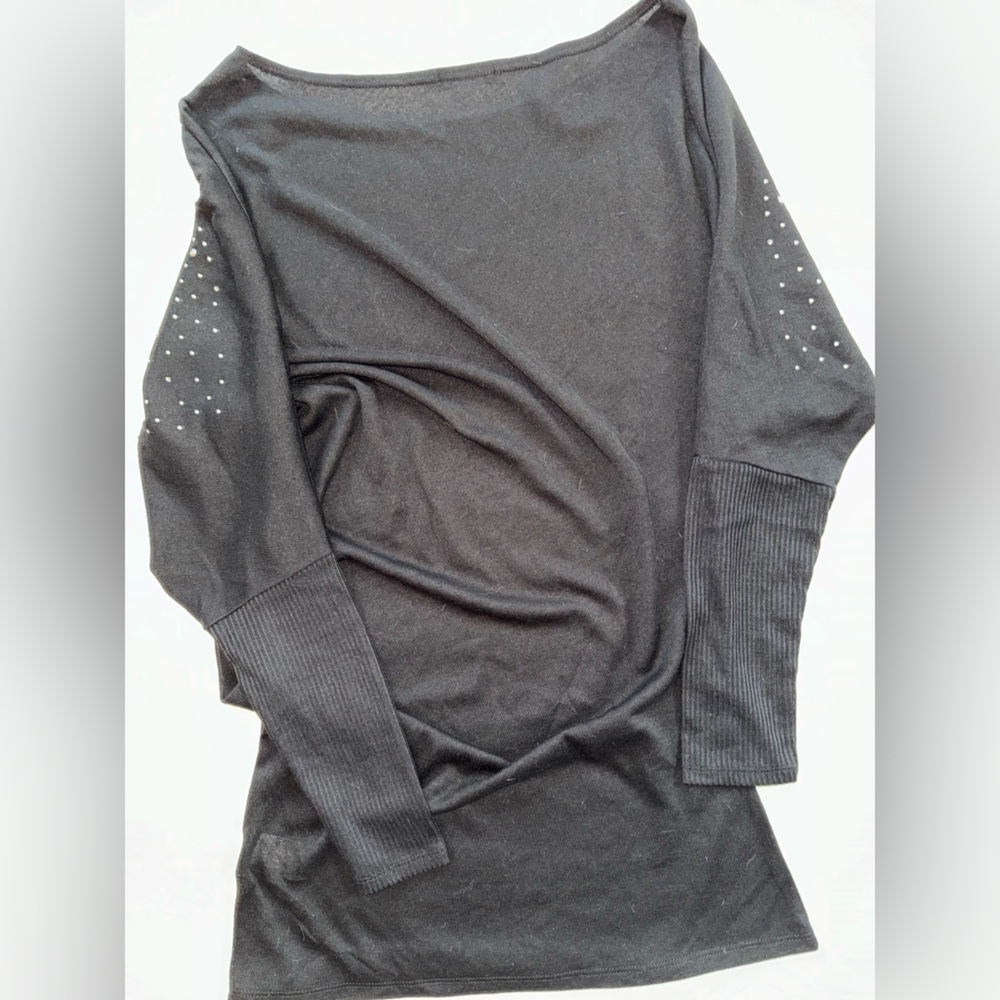 Off-the-shoulder Sweater EUC Asymmetrical Black Rhinestone Beaded One Shoulder S - Picture 3 of 5